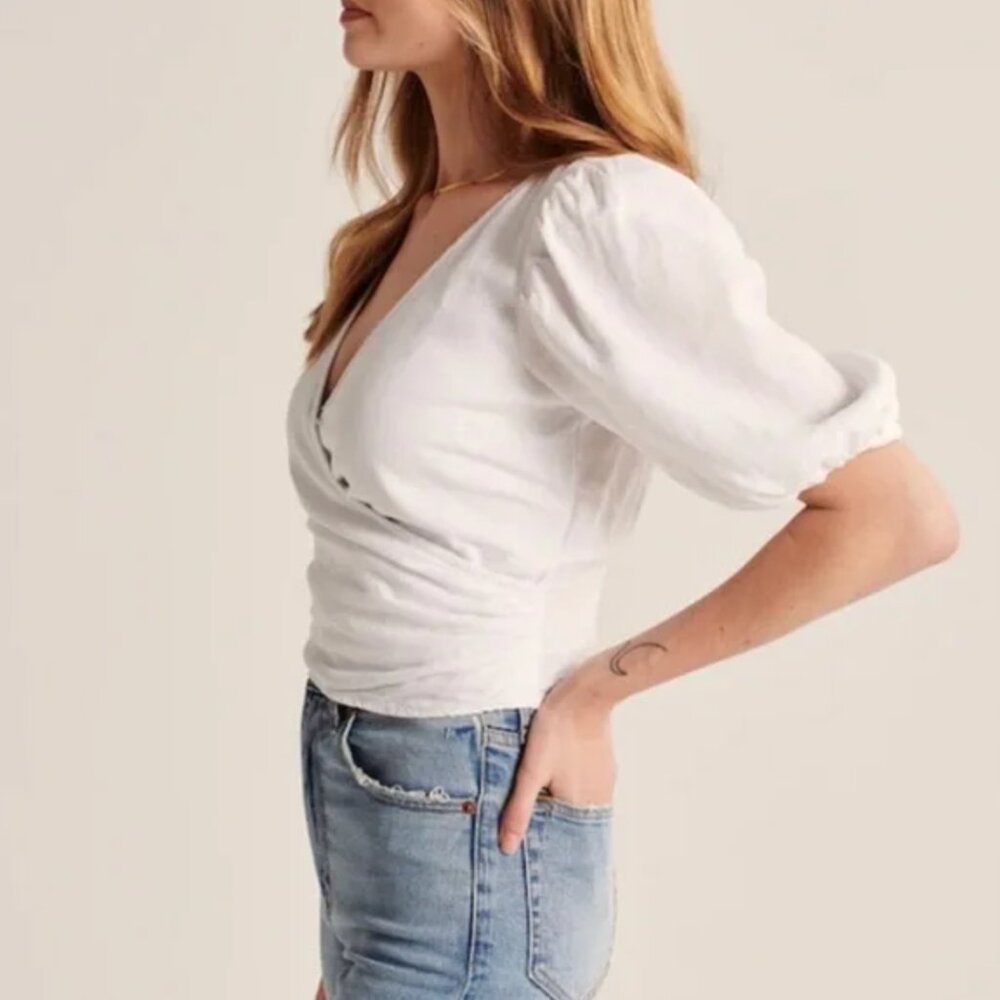 Abercrombie & Fitch Striped Linen Wrap Crop Top | Puff Sleeve | Smocked Back | S - Picture 6 of 12